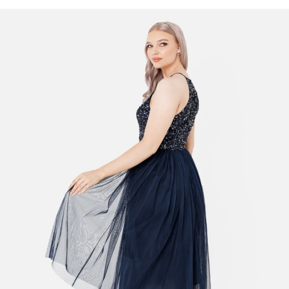 NWT Maya Deluxe Navy Embellished Halter Neck Midi Dress. - Picture 3 of 3